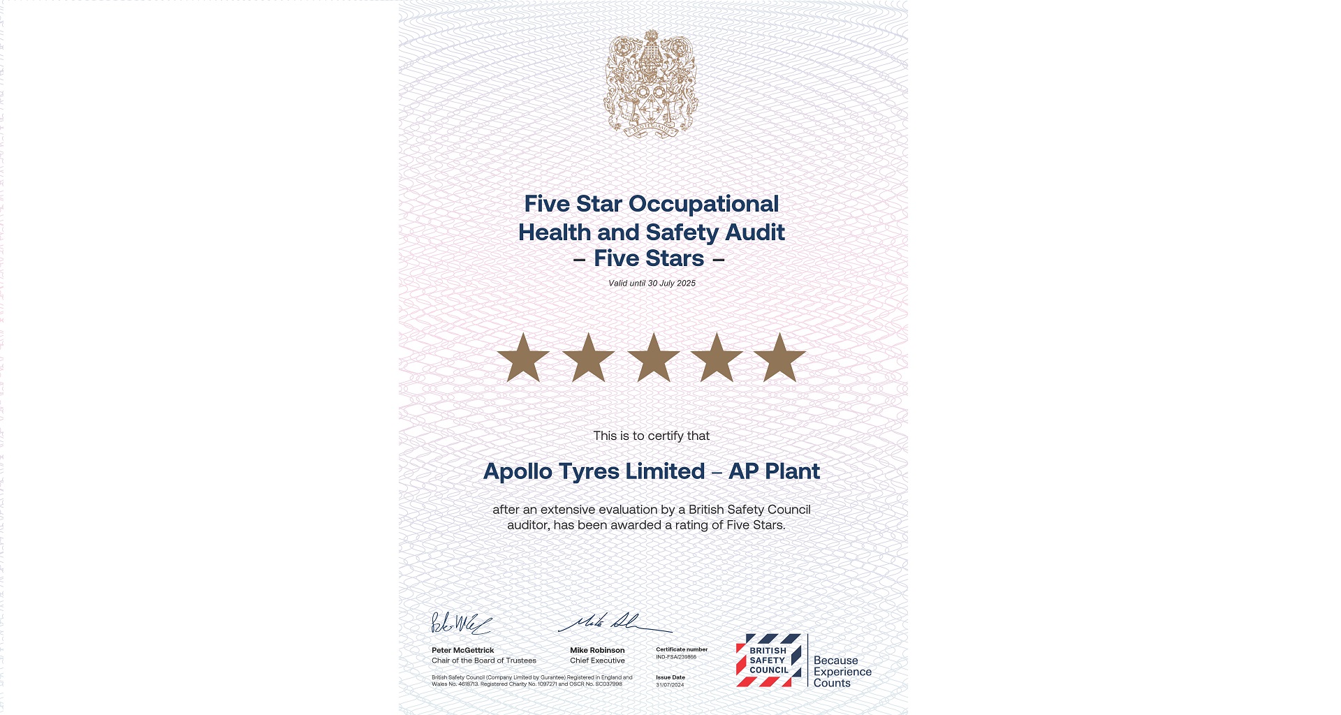 British Safety Council Certificate